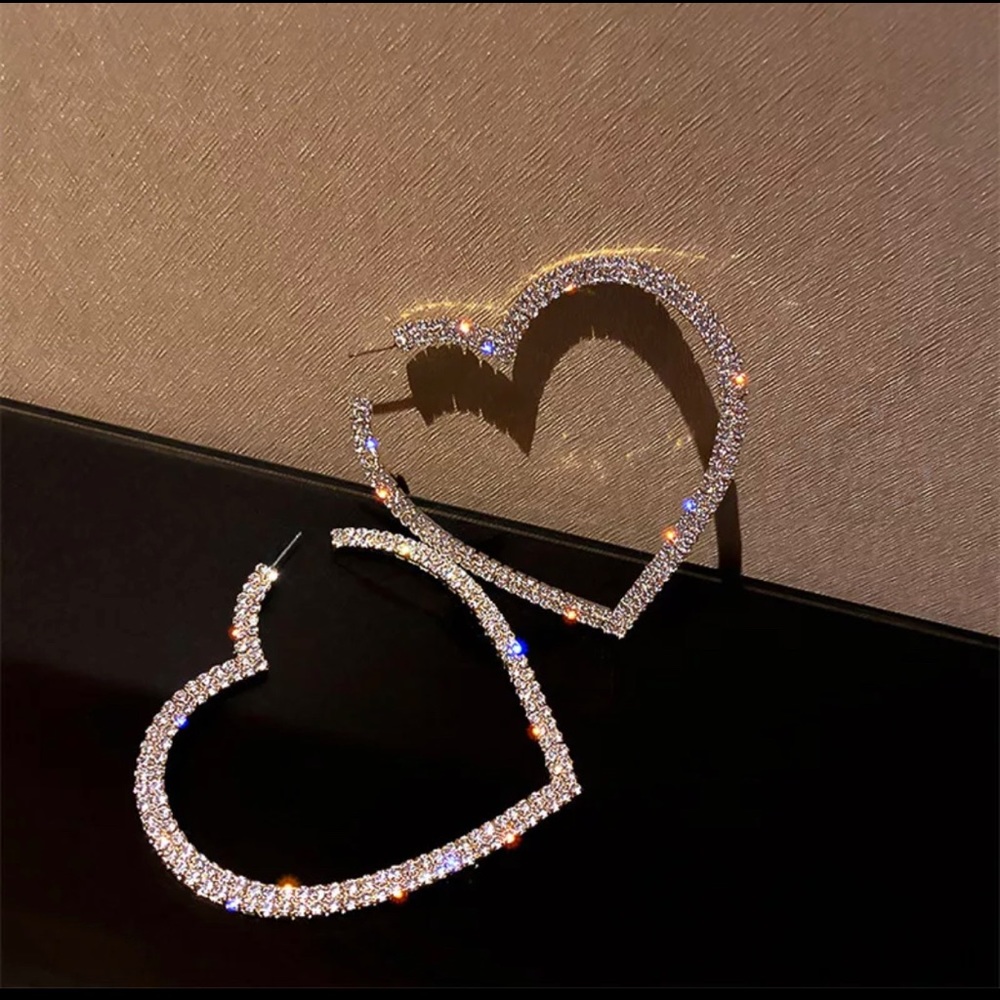 New Big Heart Diamond Hoop Earrings - Picture 4 of 5